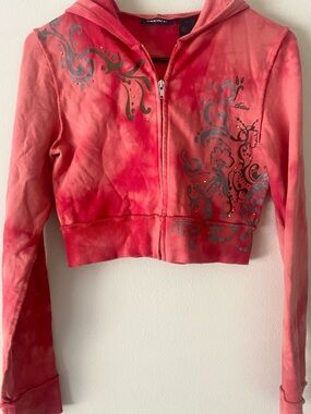 DKNY Y2K Cropped Zip Hoodie Red Tie Dye Graphic Fitted Fairy Grunge
